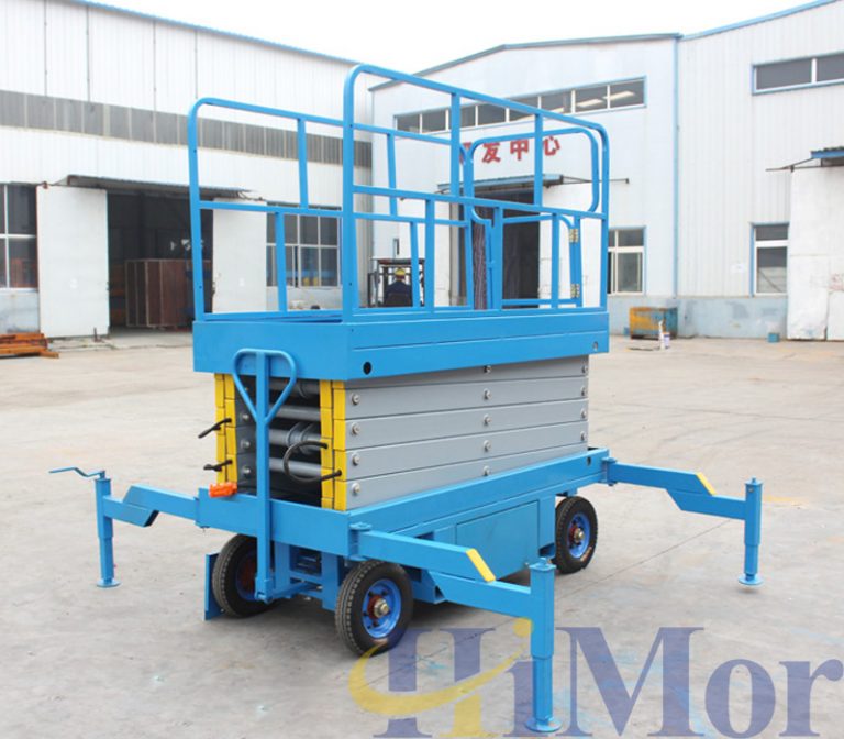 Mobile scissor lift, manual move man lift, trailing scissor lift.